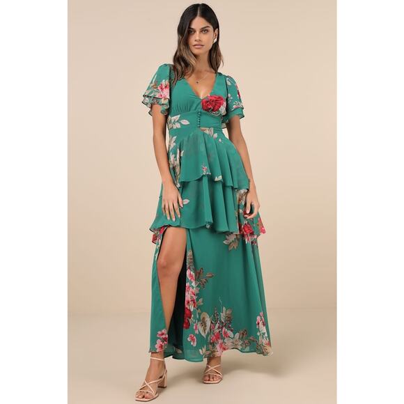NWT Lulus Midnight Mood Teal Green Floral Print Tiered Maxi Dress Cruise Size L - Picture 1 of 9